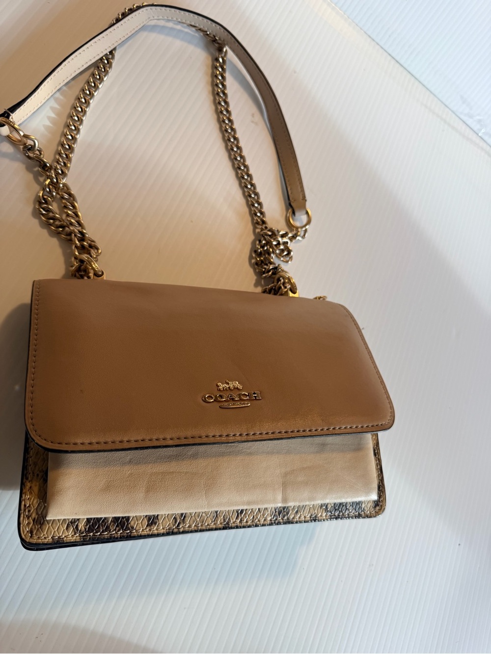 Coach Beige Taupe Leather Crossbody with Gold Chain